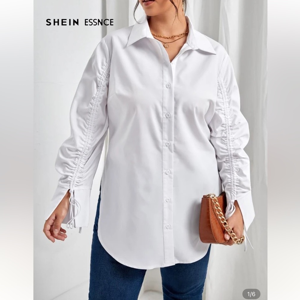 SHEIN White Button Down Shirt with Ruched Sleeves